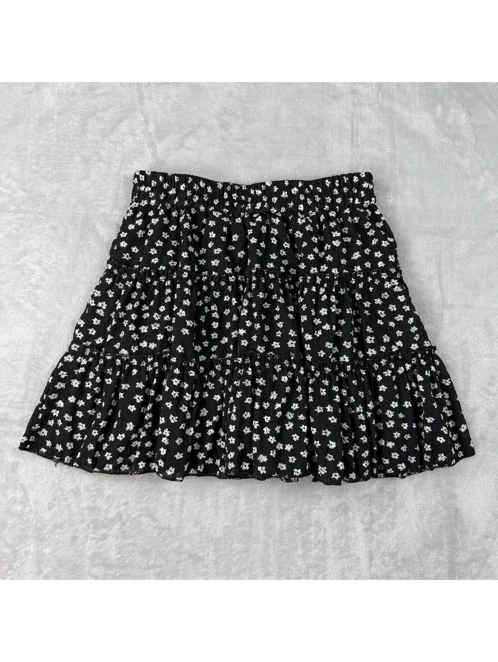 Womens Black Floral Tiered Mini Skirt Elastic Waist Boho Casual Cute Y2K Boho M
